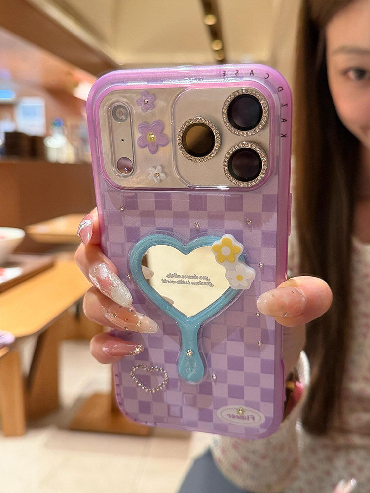 Sweet rhinestone grid 3D heart mirror suitable for iPhone 17 Pro Max