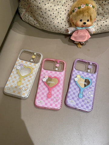 Sweet rhinestone grid 3D heart mirror suitable for iPhone 17 Pro Max