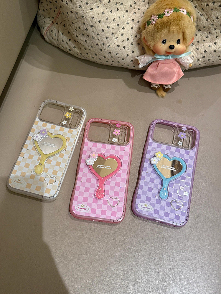 Sweet rhinestone grid 3D heart mirror suitable for iPhone 17 Pro Max
