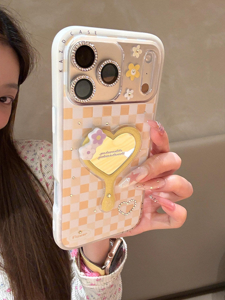 Sweet rhinestone grid 3D heart mirror suitable for iPhone 17 Pro Max