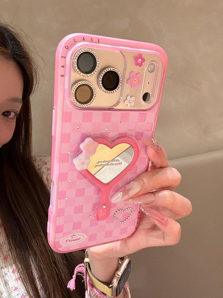 Sweet rhinestone grid 3D heart mirror suitable for iPhone 17 Pro Max