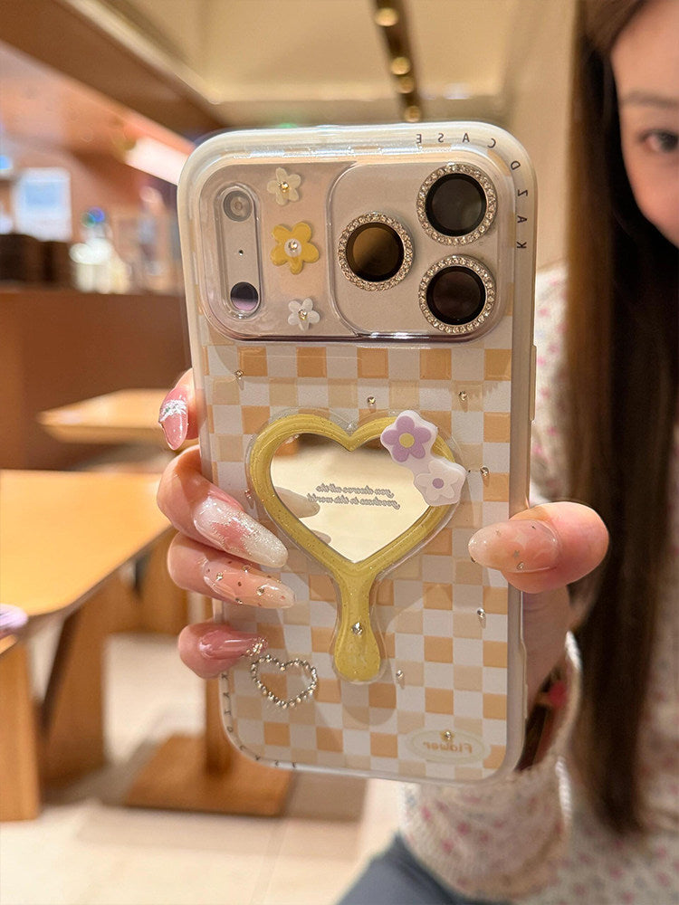 Sweet rhinestone grid 3D heart mirror suitable for iPhone 17 Pro Max
