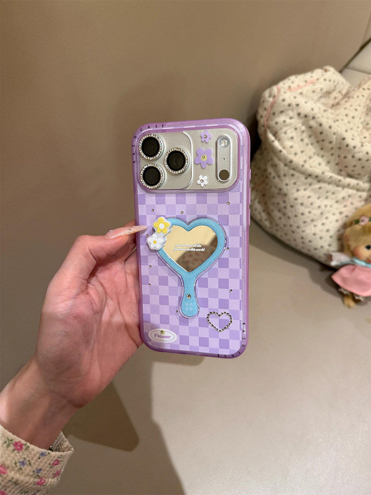 Sweet rhinestone grid 3D heart mirror suitable for iPhone 17 Pro Max