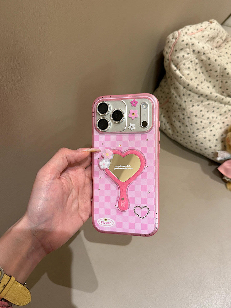 Sweet rhinestone grid 3D heart mirror suitable for iPhone 17 Pro Max
