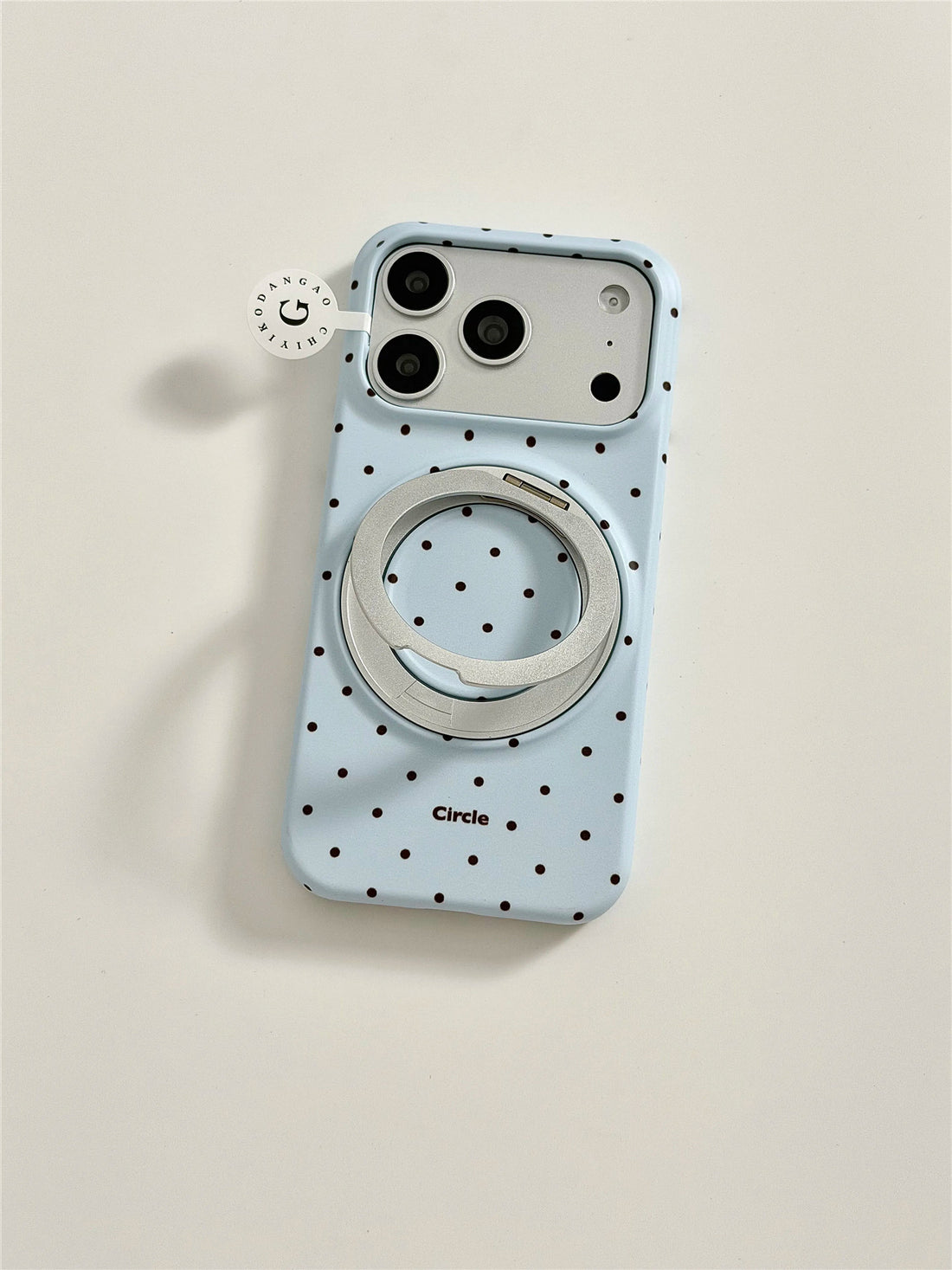 Blue polka dot phone case with external pull tab design iPhone 17 case