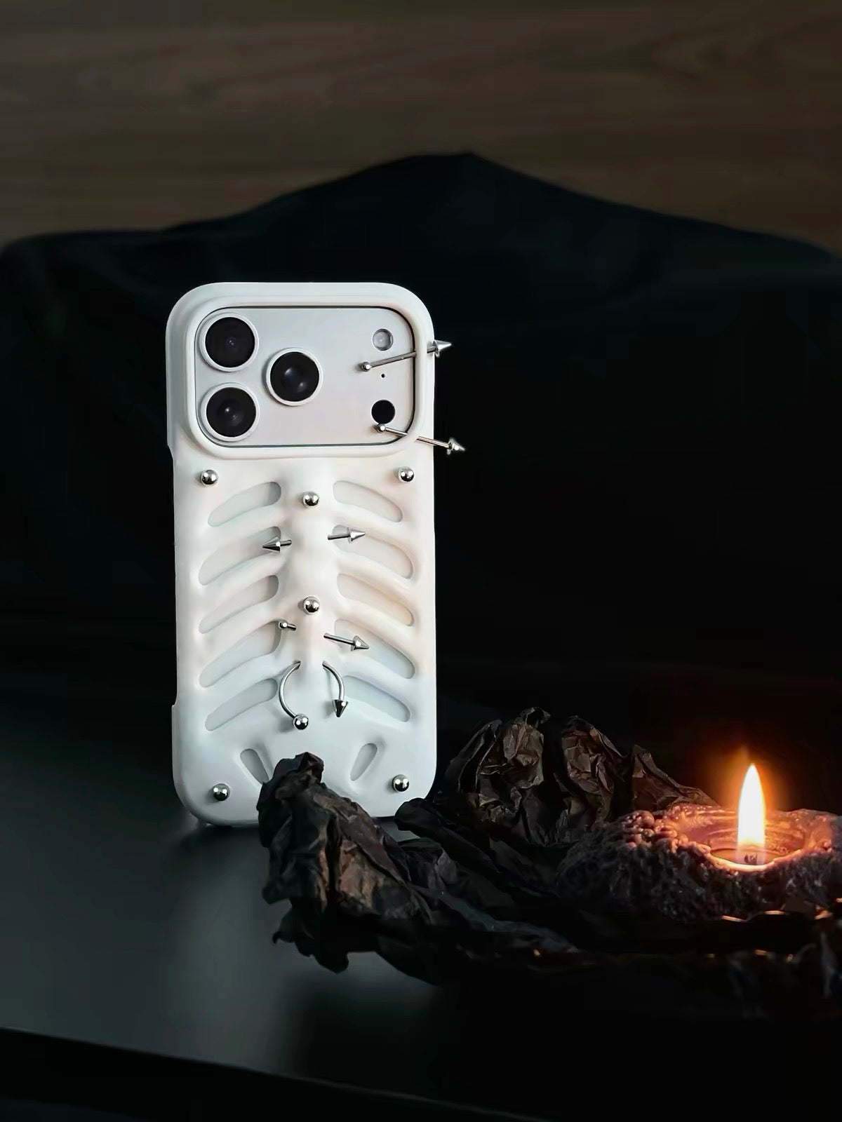 White Goth Punk iPhone Case with 3D Metal Piercing Studs