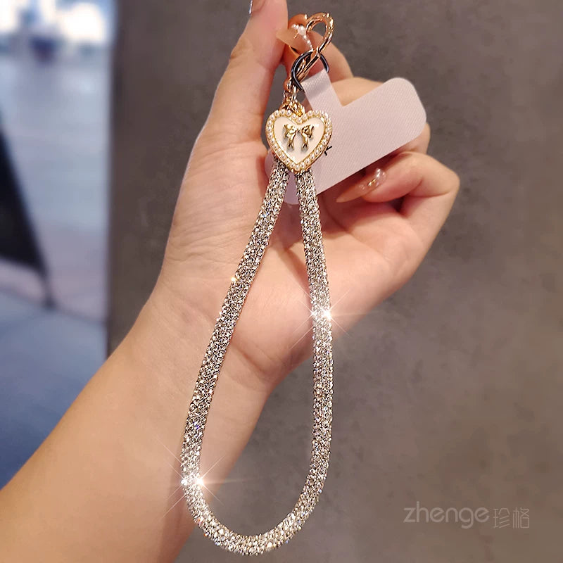 Silver Heart Tag Rhinestone Wrist Strap with White Attachment Patch