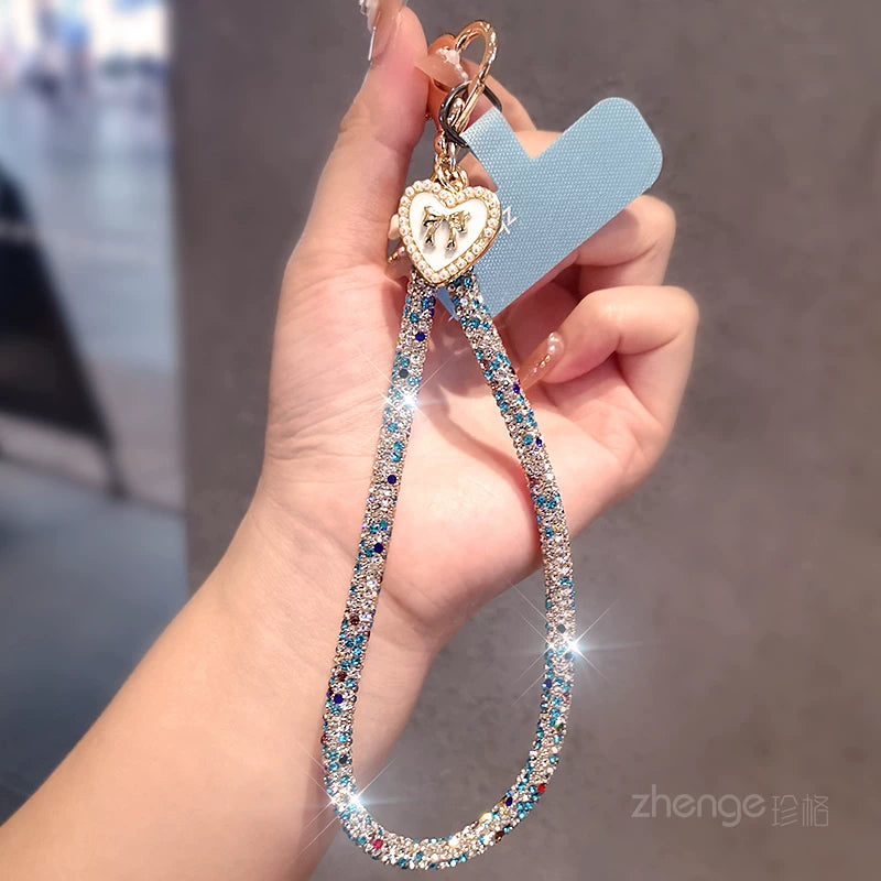 Blue and Silver Heart Tag Rhinestone Wrist Strap with Blue Attachment Patch