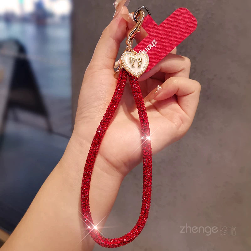 Red Heart Tag Rhinestone Wrist Strap with Red Attachment Patch