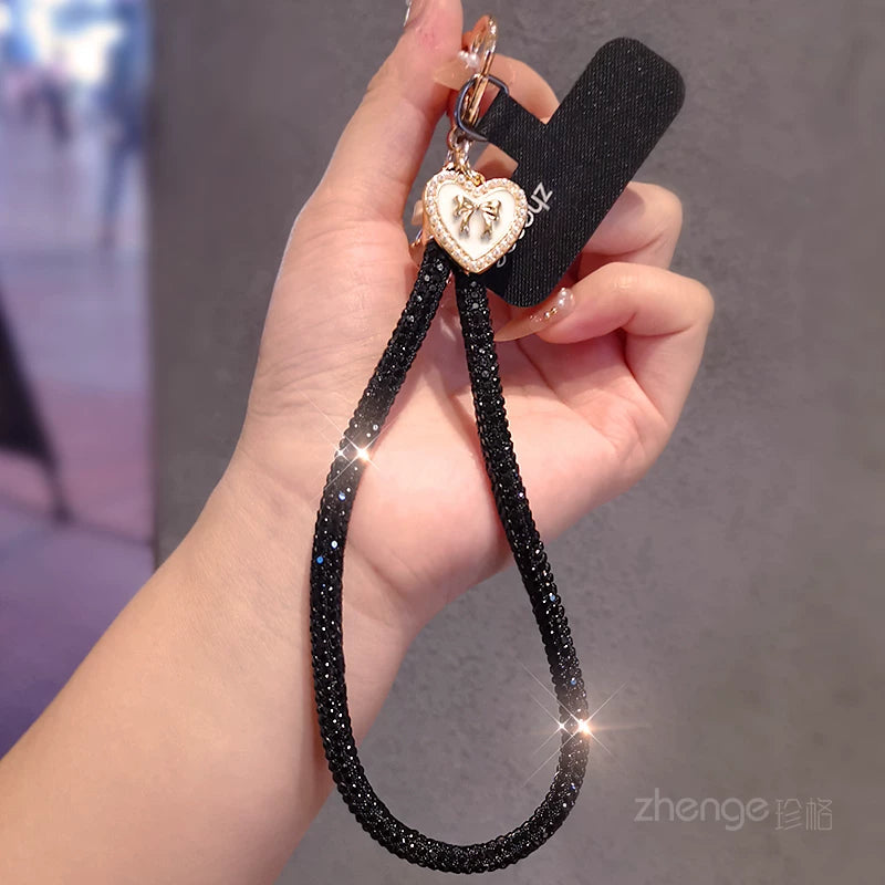 Black Heart Tag Rhinestone Wrist Strap with Black Attachment Patch